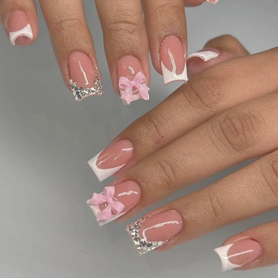 Hnewly Pink French Style Fake Nails 3D Bowknot Designs Short Square Press on Nails Sweet Korean Fashion False Nails for Women and Girls