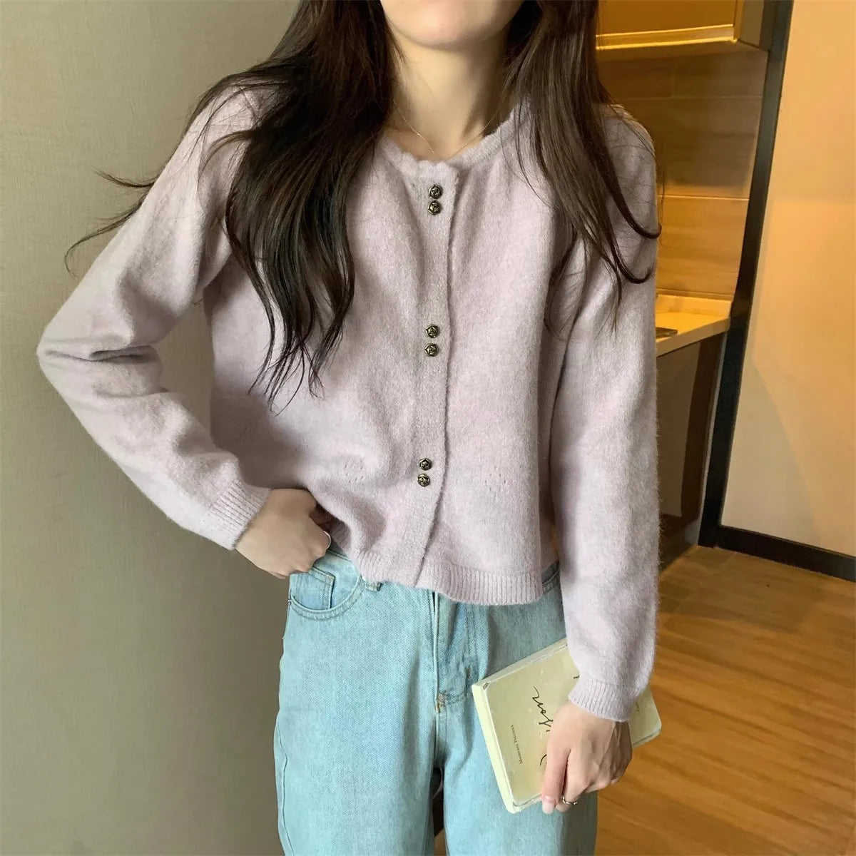 Hnewly  Sweet Short Hollowed Out Sweater Chic Buttons Long Sleeved Knitted  Cardigan Jacket Korean series Round Neck Loose Top