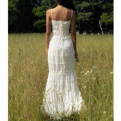 Hnewly   New Summer Chiffon Beige Solid Color Lace-ups Slim Slip Dress Ruffle Chic Party Beach Fashion Long Dress For Women