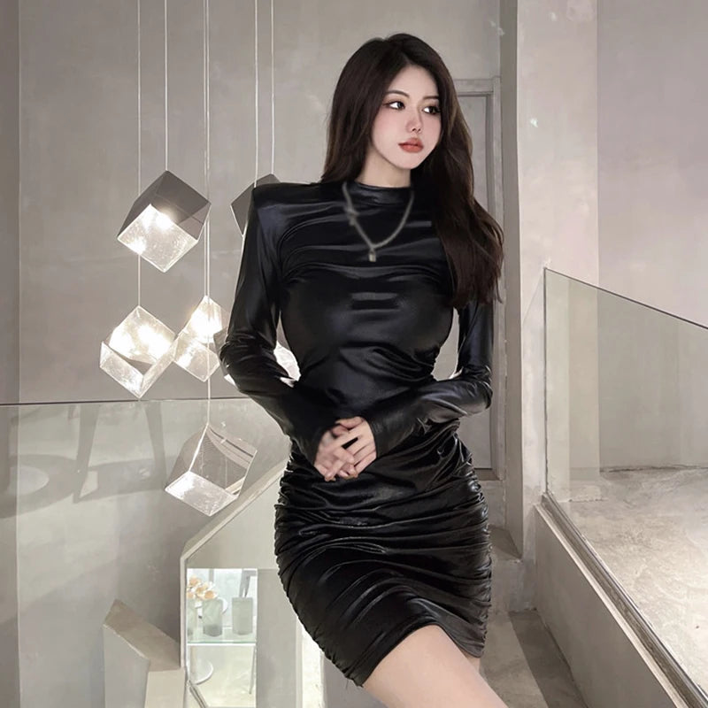 Hnewly Women's Fashion Temperament PU Leather Long Sleeves Dress Slim Sexy Versatile Bodycon Dress
