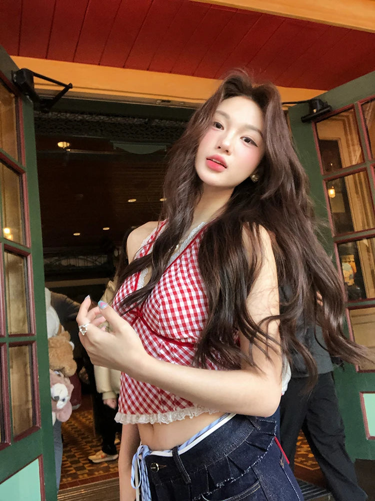 Hnewly Harajuku Red Plaid Tank Top Vest Women Summer Sleeveless V-Neck Sexy Bodycon Tshirts Female Outwear Bodycon T-shirts Chic Korean