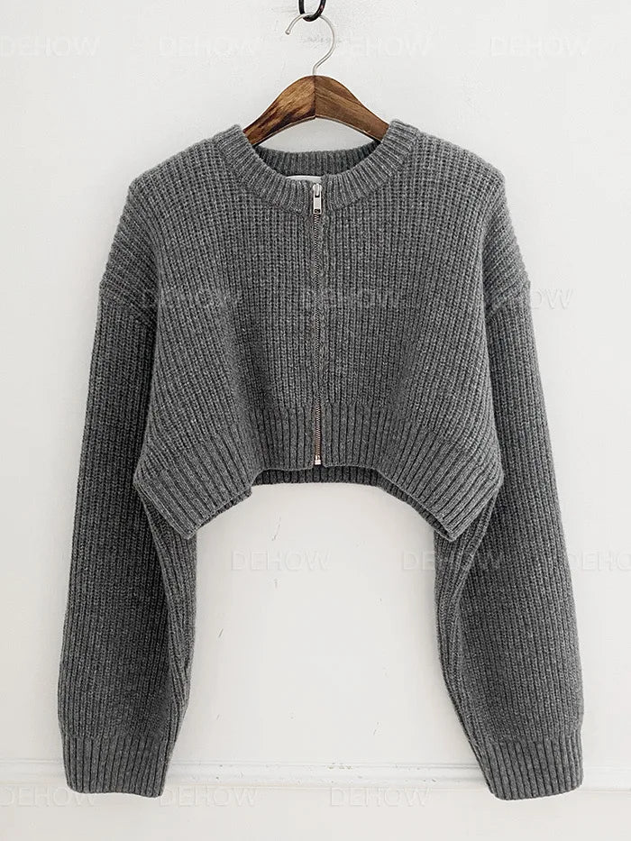 Hnewly  Zip Up Knit Sweater Cardigan Women Long Sleeve Boxy Fit Zipper Front Crop Sweater Jacket Teen-girl Fall Winter Acubi Y2k Outfit