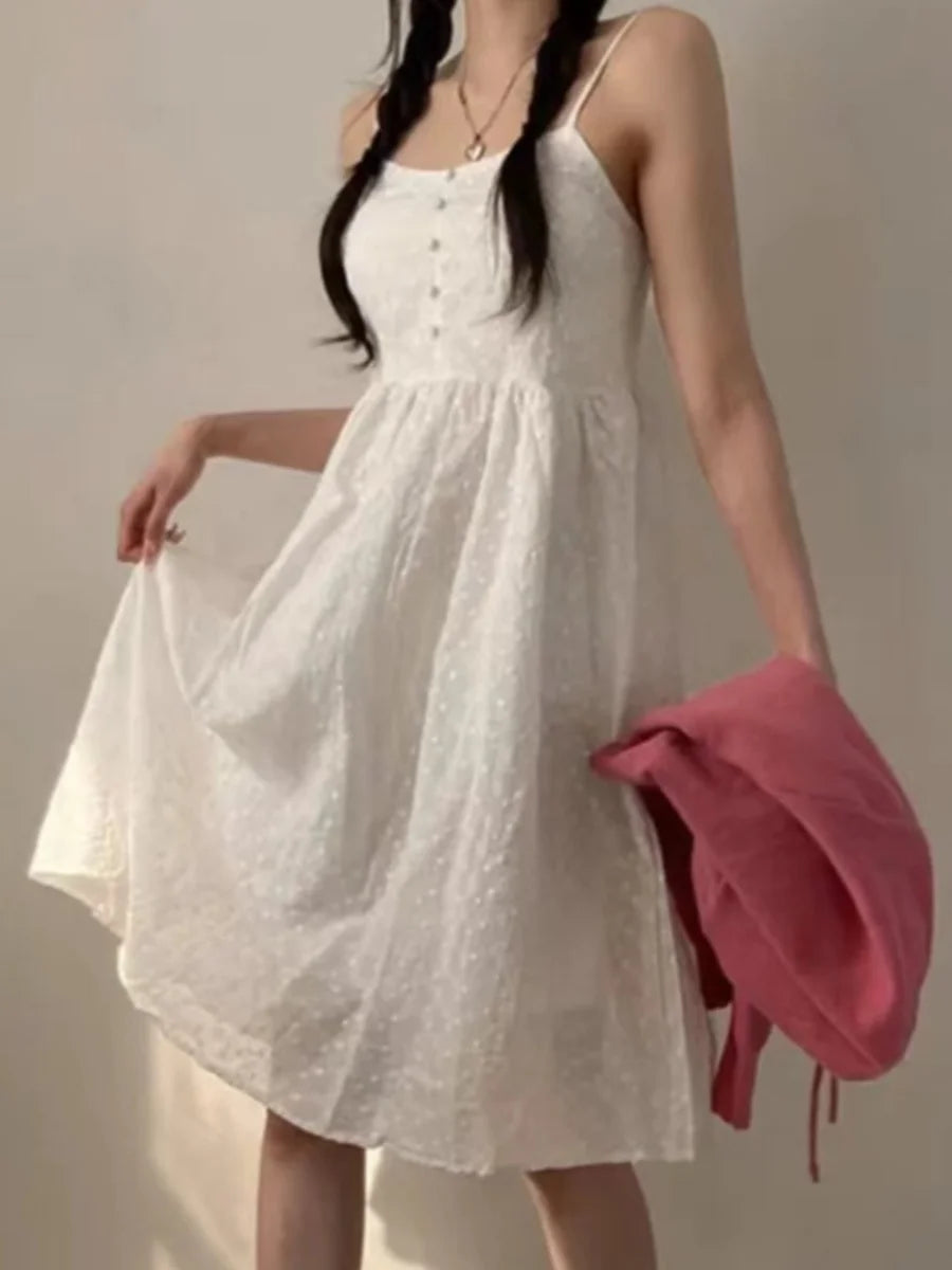 Hnewly  Chic Summer Age-Defying Gentle Style Square Collar Sleeveless Women's Commute Versatile Meat Concealing Dress Cotton High Waist