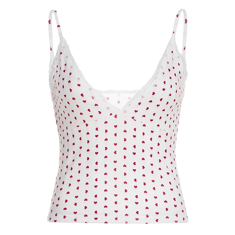 Hnewly y2k Sweet Heart Print Crop Top Cute Coquette Lace Stitching V neck Sleeveless Camis Women Casual Kawaii Strap Tops Basic
