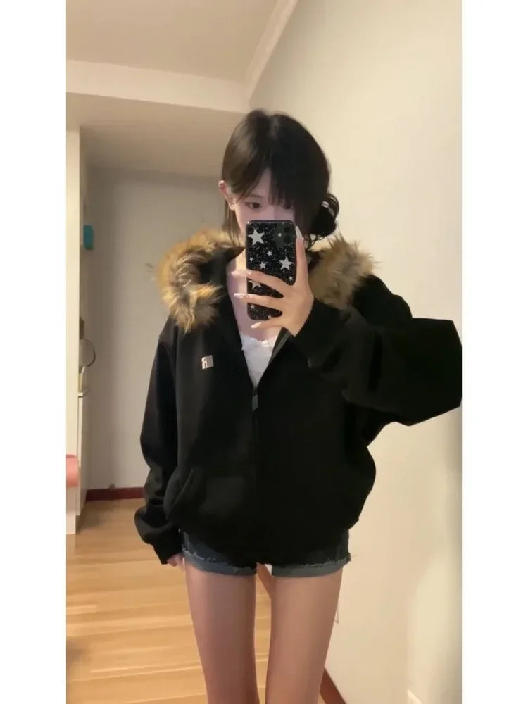 Hnewly Black Zip Up Hoodies Women Vintage Preppy Style Faux Fur Coat Korean Oversized Casual Sweatshirt Harajuku Autumn Winter