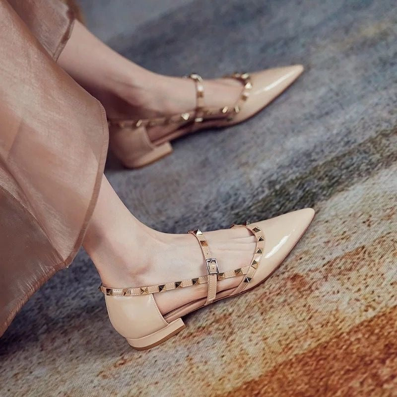 Hnewly Ankle Strap Cut Out D'orsy Studded Rockstud Patent Leather Rivet Flats T-Strap Buckle Walking Soft Women Shoes Travel Size 35-43