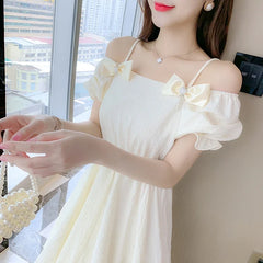 Hnewly  Women's Off Shoulder Spaghetti Strap Puff Sleeve Mini Dress White Textured Fabric Drawstring Waist Casual  the dress black dress white dress