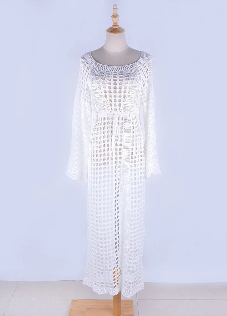 Hnewly  Tinaa White Crochet Maxi Cover-Ups Dresses for Women Spring Summer Hollow Out Long Sleeve Side Split Beach Dress
