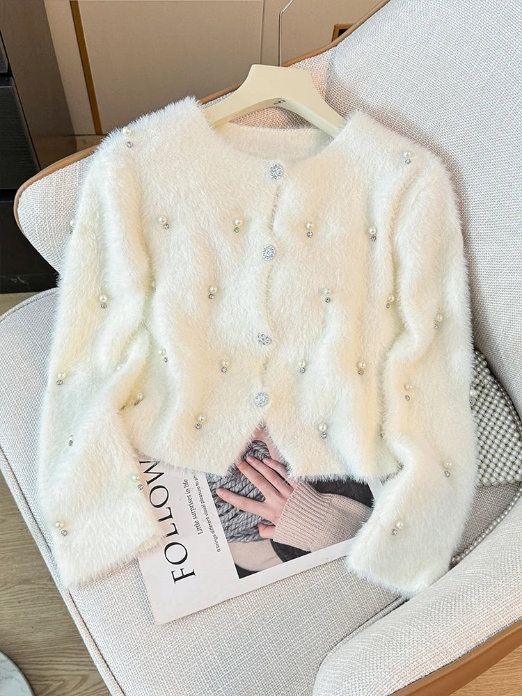 Hnewly  Beading O-Neck Plush Long Sleeved Sweater  Women's Autumn Loose Soft Glutinous Knit Cardigan Elegant Single Breasted Short Top