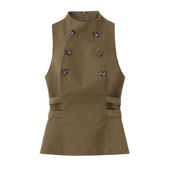 Lunivop  New Fashion Women High Neck Sleeveless Button Top Elegant Chic Lady Tank Tops