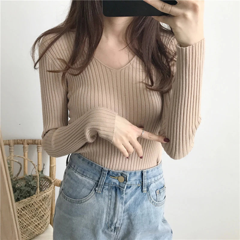Hnewly  Rib-knit Long Sleeve Top for Women Soft Stretchy V-neck Fitted Knit Top Sweater Pullover Ladies Autumn Winter Layering Outfit