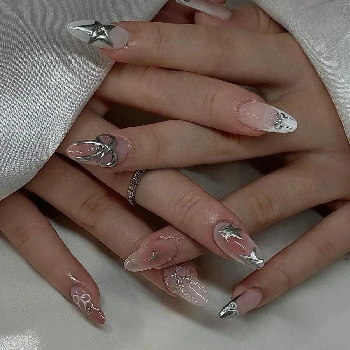 Hnewly 24Pcs White Almond False Nails Ballet with French Design Wearable Fake Nails Gradient Simple Full Cover Press on Nail Tips Art