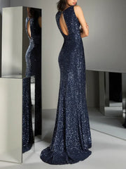 Hnewly  Mermaid Sparkle & Shine Formal Evening Dresses V-Neck Sleeveless Floor Length Glitter Sequined Backless Porm Gown For Women