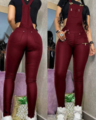 Hnewly Women One Piece Outfits PU Jumpsuits Buckled Zipper Design Suspender Jumpsuit