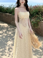 Hnewly Women's Sexy Hollow Lace Dresses 2025 Summer Elegant French Sling Floral A-Line Full Skirt Long Dress Fashion Holiday Vacation