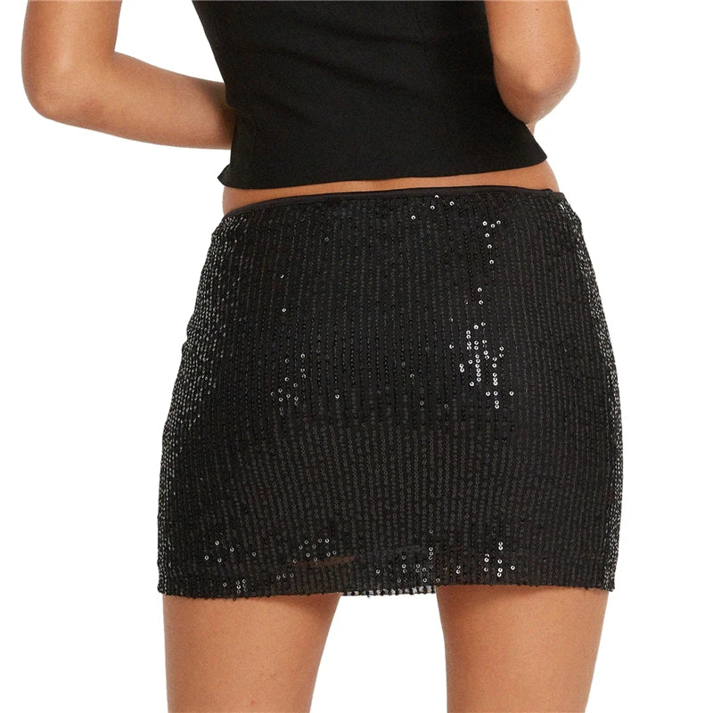 Hnewly Sequin Skirt 2000s Women Aesthetic Clothes Solid Color Low Waist Bodycon Short Mini Skirts 2000s Party Skirt Clubwear