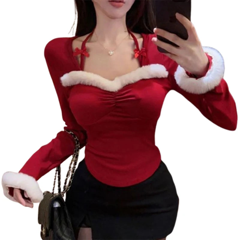 Hnewly Christmas Tops y2k Clothes Women Bow Plush Patchwork Halter Neck Long Sleeve Cropped T Shirt 2000s Clothing Streetwear