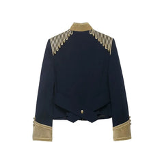 Hnewly  Women Military Style Jacket Gold Tassel Trim Stand Collar Short Coat Royal Court Fashion Outerwear Autumn Winter Tops