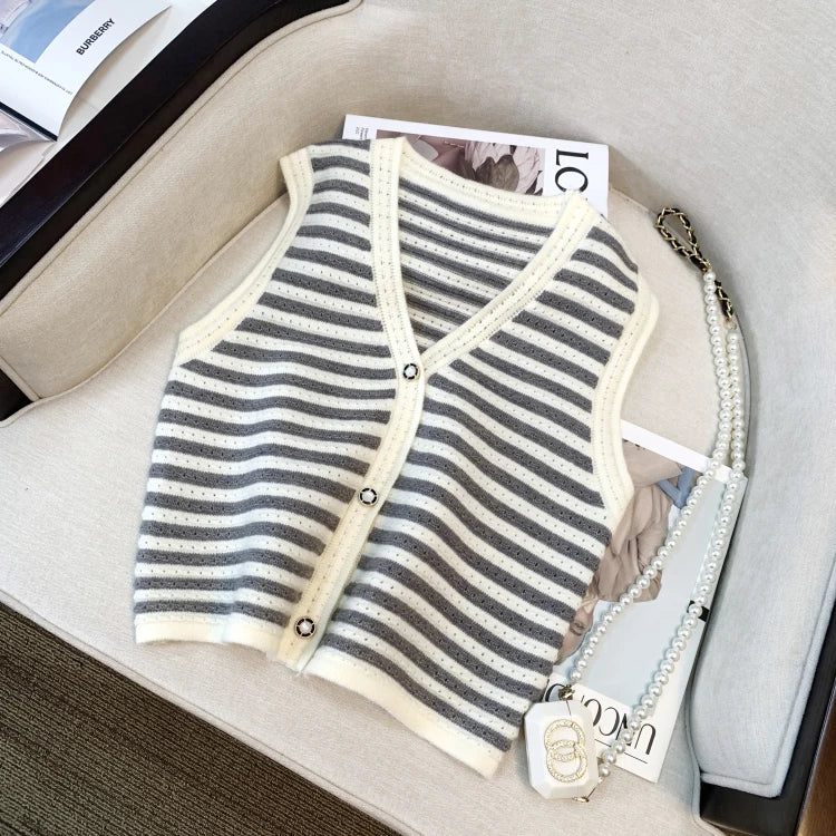 Hnewly  Spring V-Neck Striped Knitted Vest Korean Hollow Out Sleeveless Top Women's 2023 Autumn Loose All-Matched Outwear Cardigan Tank