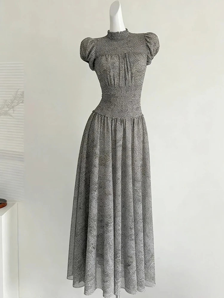 Hnewly  Half High Collar Vintage Printing Dresses Grunge Y2k Aesthetic A-Line Pleated Vestidos Harajuku Woman Puff Sleeve Dress