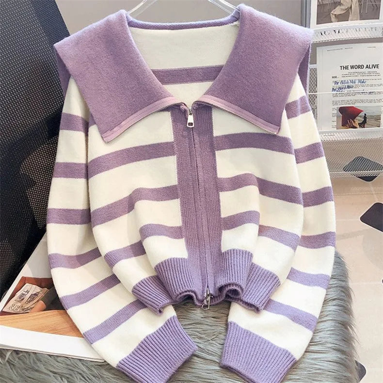 Hnewly  Women's Knitted Stripe Sweater Sweet Preppy Style Peter Pan Collar Cardigan Top Spring Autumn 2023 New Zipper Fashion Outwear