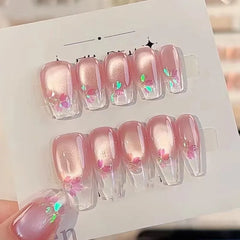 Lunivop  10pcs Handmade Reusable False Nails Set Cherry Blossom Cat Eye Stick-on Nails Spring Summer Manicure Press on Nails with Design