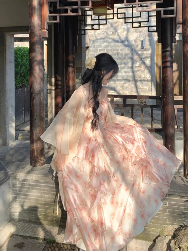 Hnewly 2 Piece Dress Sets Women Elegant Chiffon Summer Casual Slim Strap Dress + Fairy Cardigan Fashion Chic Vintage Suit Even Party