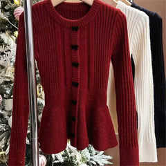 Hnewly  New Year Ruffles Women's Basic Pullovers Knitwear Long Sleeve Casual Loose Japanese Cute Sweet Girls Bow Red Knitted Sweaters