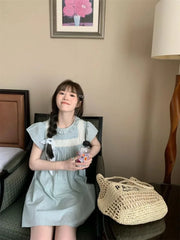 Hnewly  Woman Dress Vintage Sweet Lace Patchwork Ruffled Collar Flying Short Sleeve Sweet Fashion Mini Dresses Casual Female