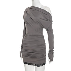 Hnewly  Streetwear Sexy Lace Patchwork Dresses Y2k Aesthetic Skew Collar Bodycon Pleated Vestidos Harajuku Vintage Grunge Woman Dress