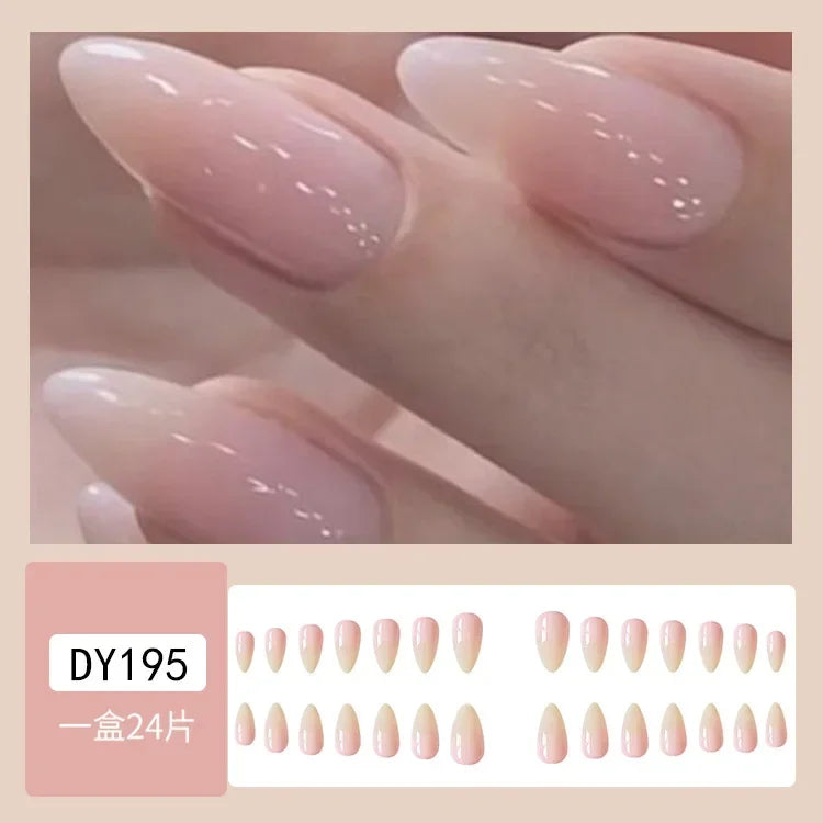 Hnewly 24Pcs White Almond False Nails Ballet with French Design Wearable Fake Nails Gradient Simple Full Cover Press on Nail Tips Art