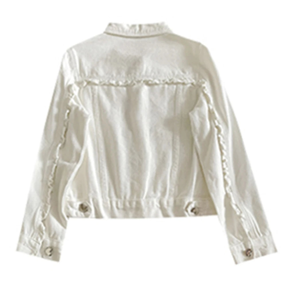 Hnewly  Ruffled Hem Denim Jacket Women's 2025 Spring New Korean Style Solid Color Long Sleeved Fashion Versatile Cardigan Female Tops