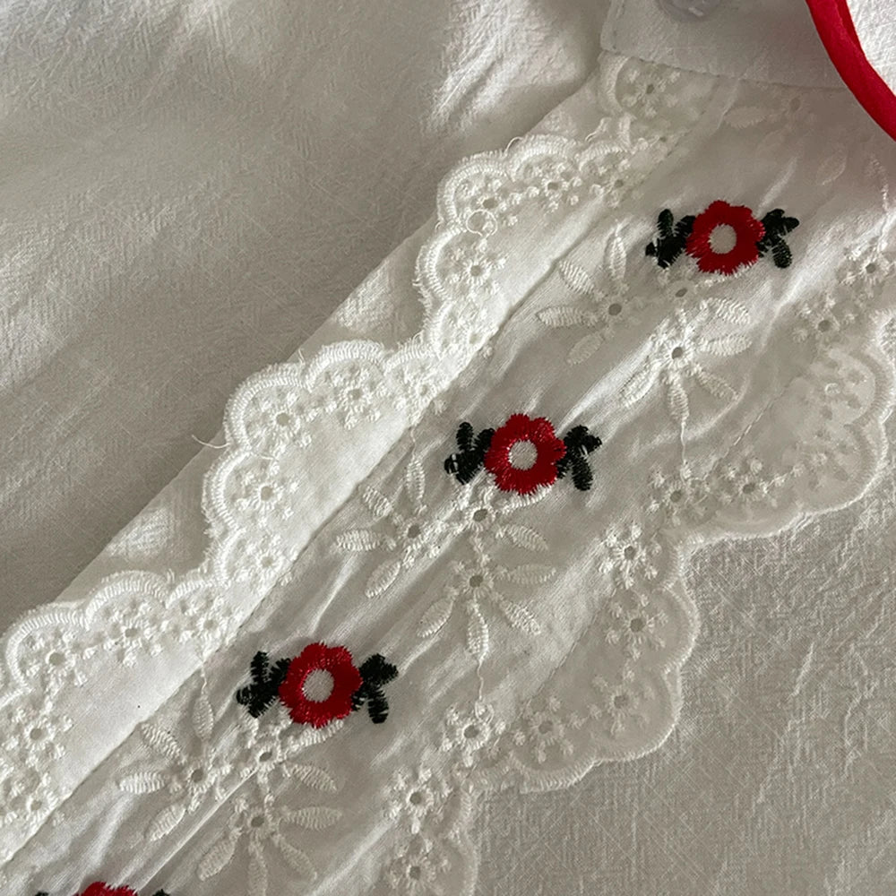 Hnewly  Embroidered Floral Lace Trim Shirt Women's Summer Casual Doll Collar Single-Breasted Tops Short Sleeves Versatile Thin Cardigan