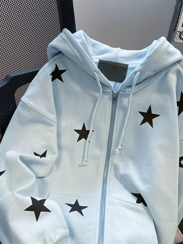 Hnewly Stars Print Hoodies Women Vintage Streetwear Long Sleeve Loos Blue Sweatshirts Casual Pockets Lace Up American Fall Tops