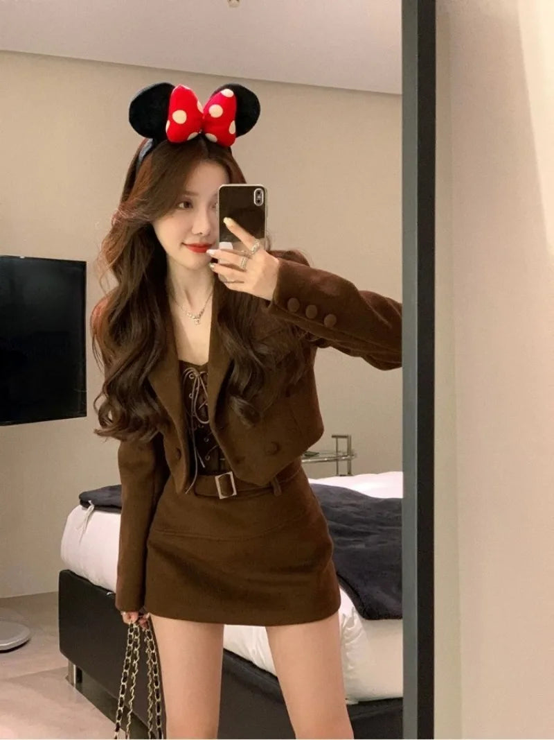 Hnewly Elegant Fashion Long Sleeve Coat Women+ Sexy Slim Fit Camisole Tops+ Y2k High Waist Bodycon Skirts Sping New Three Piece Sets