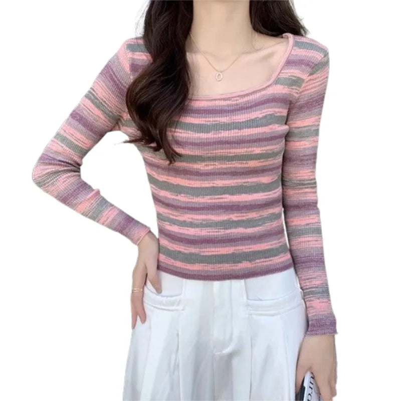 Hnewly y2k Tops Women Casual Clothes Striped Square Neck Long Sleeve Knitted T Shirts 2000s Aesthetic Clothing Streetwear
