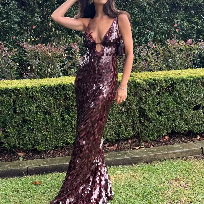 Hnewly  Sequins Spaghetti Straps Women's Long Maxi Dress Sleeveless Backless High Waist Sexy Evening Birthday Party Gown