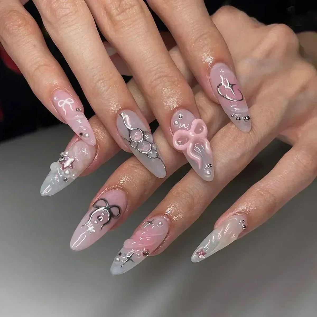 Hnewly 24Pcs Pink Almond French Press on Nails With 3D Bow ripple charms Design Fake Nails Ballerina False Nails Full Cover Nail Tips