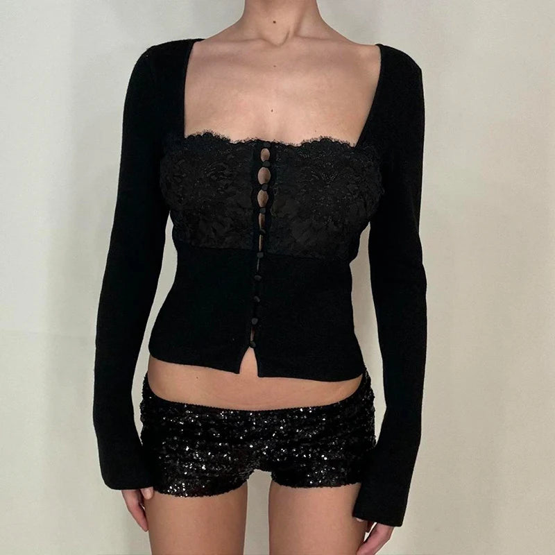 Hnewly Sexy Square Neck Long Sleeve Top Casual Women Up Cardigan Crop Tops Y2K Fashion Solid Spring Summer Streetwear T shirt
