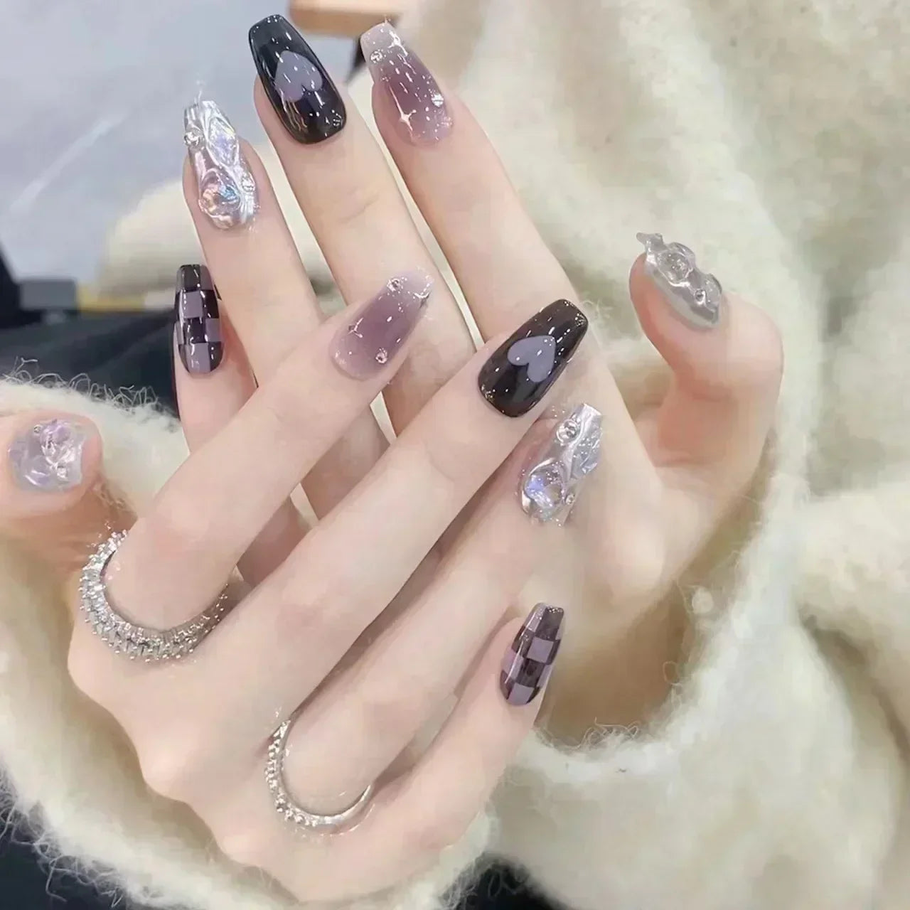 Hnewly 24pcs Detachable Short Press on Nails Y2k rhinestone False Nails with Glue Ballet Sweet Cool Girls Artificial False Nails Tips