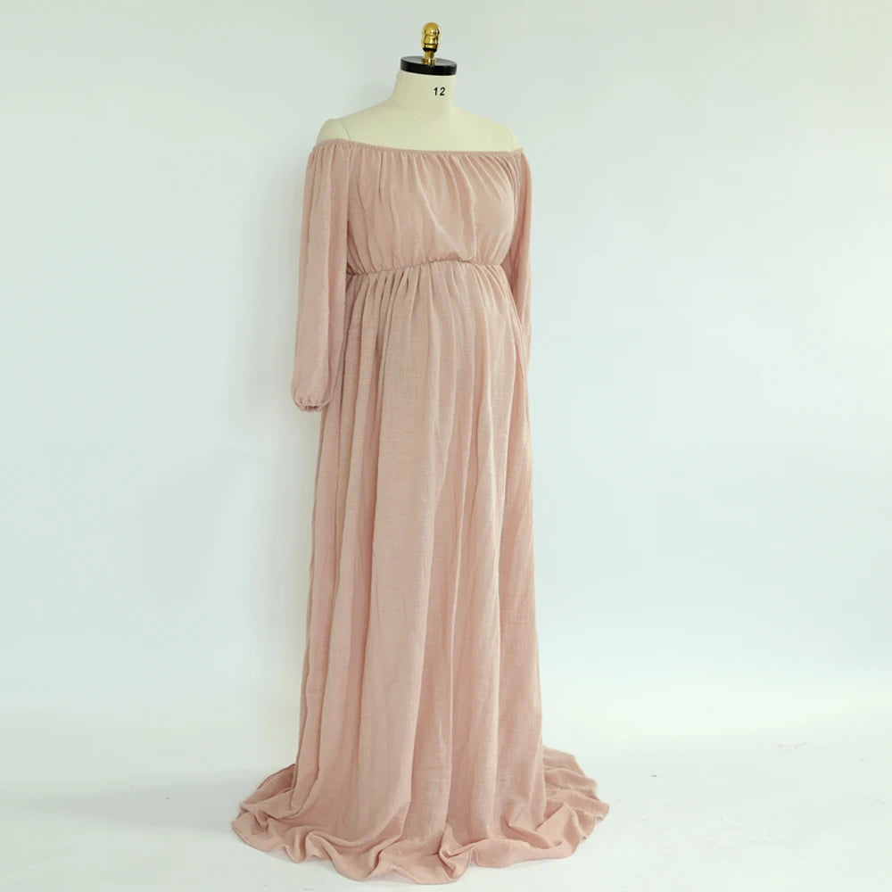 Hnewly  Bohemian Maternity Photo Shoot Dress Comfort Linen Cotton One Shoulder Dress For Pregnant Women Boho Style Baby Shower Dress
