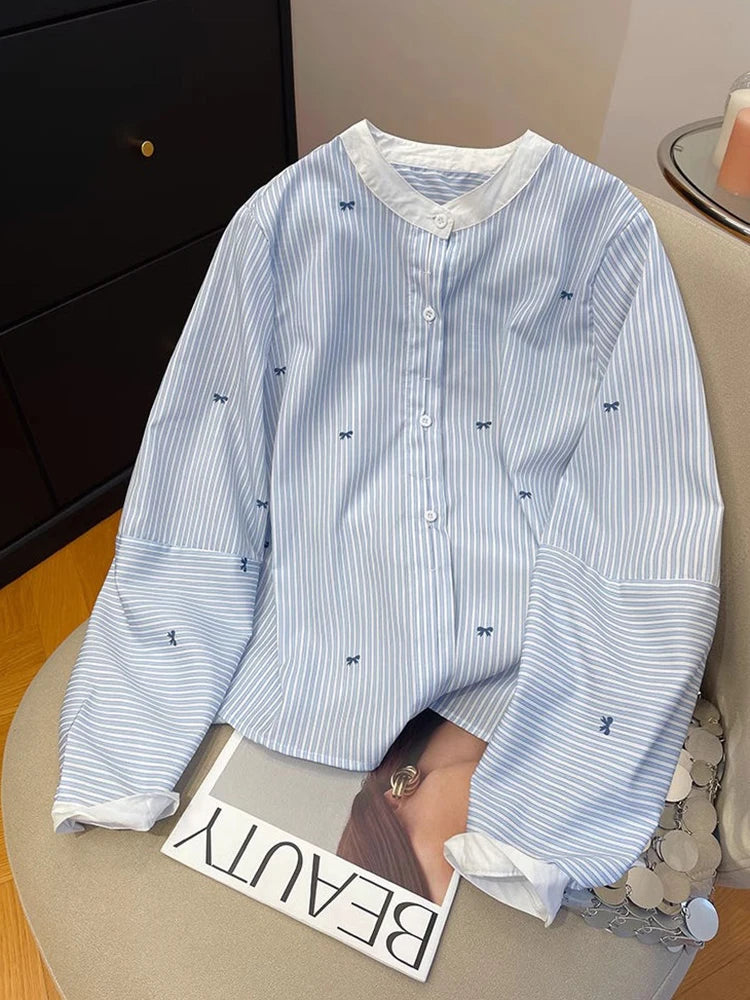 Hnewly Cute Bow Print Striped Shirt Women O Neck Long Sleeve Vintage Blouse Casual Loose Korean Sweet Female Fall New Retro Tops