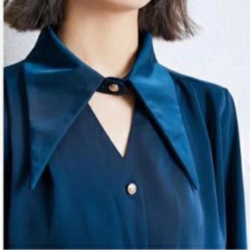 Hnewly Casual Shirts Women Fashion Romantic Solid Soft V-Neck Streetwear Spring All-match Hollow Out Retro European Style Simple Design