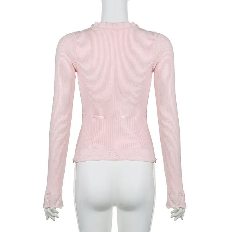 Hnewly Fairycore Clothing Top y2k Women Ruffle Lace Patchwork Long Sleeve Knitted T Shirt 2000s Coquette Clothes Streetwear