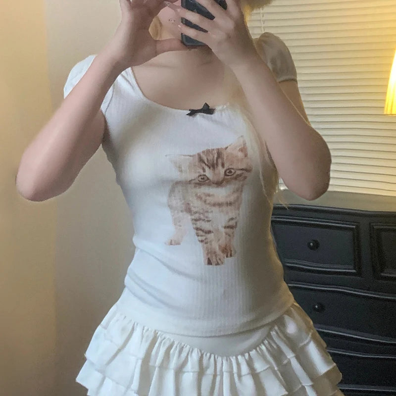 Hnewly Cute Animal Print Crop Top Bow Stitching Square Collar Short Sleeve T-shirt Women Vintage White Skinny Knitted Tee Summer