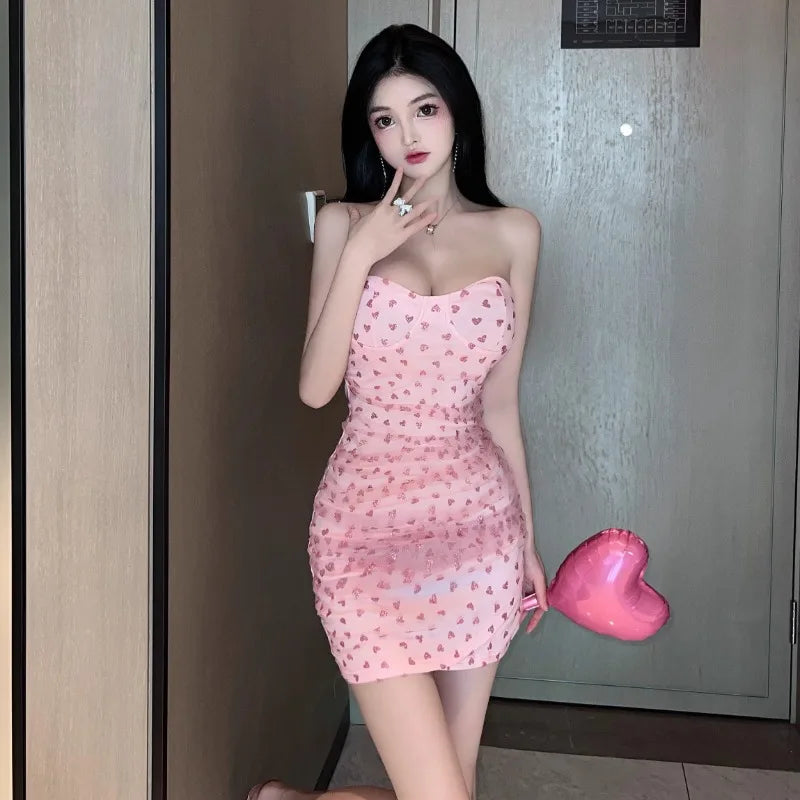 Hnewly  Woman Dress Sweet Elegant Heart Printed Strapless Slim Backless Summer Fashion Ruched Sexy Mini Dress Female Club