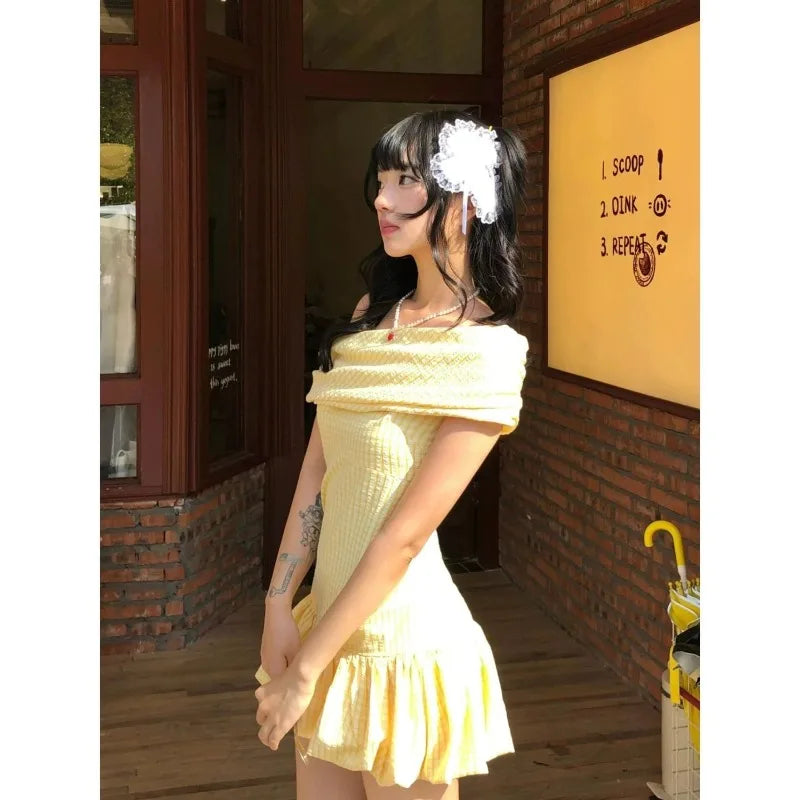 Hnewly  Sweet Elegant Bodycon Mini Dresses Women Off Shoulder Korean Style Butter Yellow Plaid Ruffles Dresses Y2k Harajuku