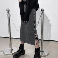 Hnewly  Denim Midi Skirts Women Autumn Lace-up Vintage Side-slit Personality Streetwear High Waist All-match Y2k Girls Chic A-line Jupe