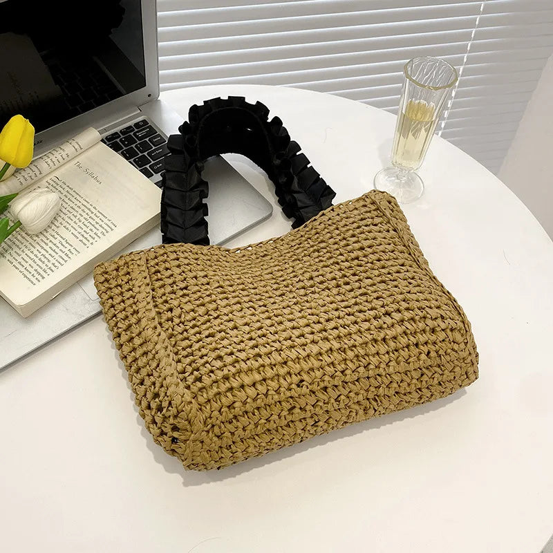 Hnewly  Ruched Handle Straw Bag Bohemian Woven Bags for Women Purses and Handbags Paper Rope Beach Bag Shoulder Bags Small Shopper Tote