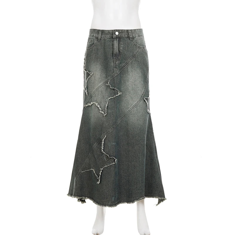 Hnewly  Y2k Patchwork Denim Long Skirt Women Retro Slim Ripped Mid-Waisted Mermaid Hem Skirts Fashion Tassel Irregular Skirt